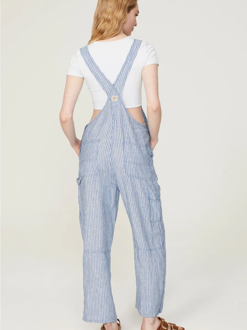 Faherty Blue & White linen railroad stripe Overalls - Picture 3 of 10
